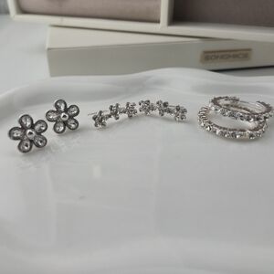 Silver Floral Earring Set | Sparkly Flower Studs & Hoops | 3 Piece | NWOT